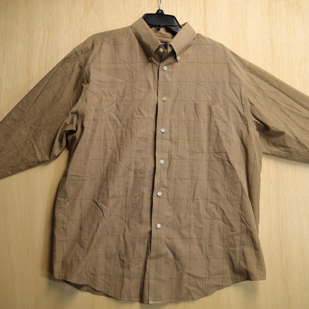 Roundtree & Yorke Mens XL Tan Windowpane Check Button Down Shirt Easy Care